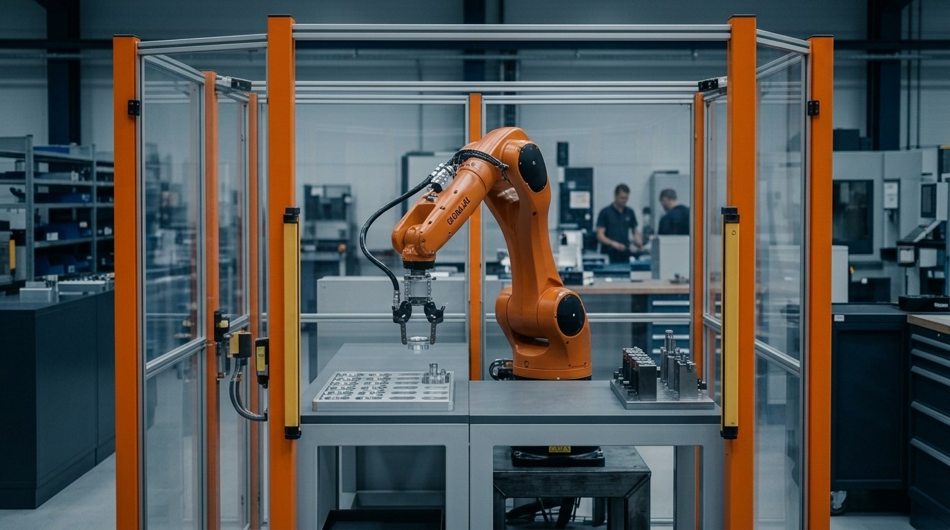 Roboterzelle hinter Schutzumhausung: ein orangefarbener Sechsachser greift über eine Werkstückpalette, im Hintergrund die Fertigungshalle.