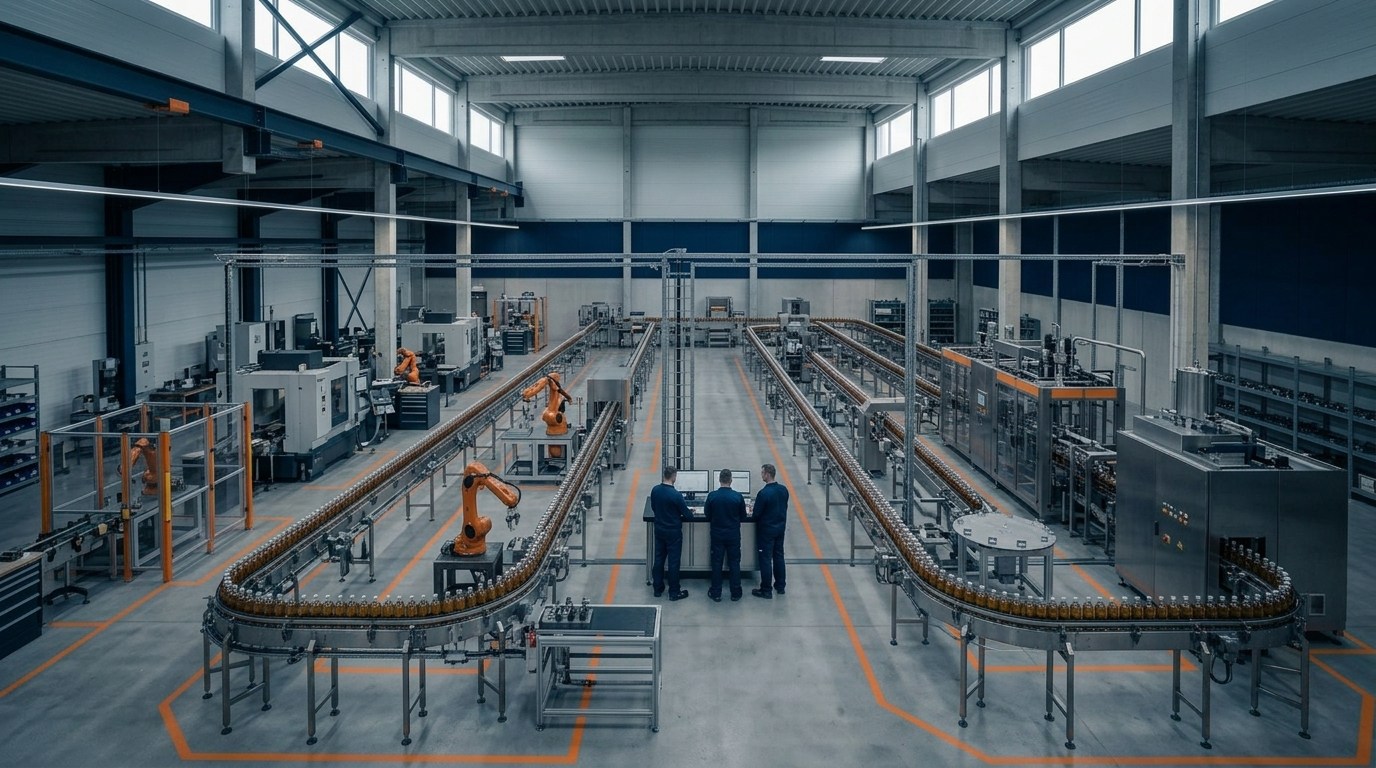 Blick von oben über eine komplette Linie: zwei umlaufende Transporteure mit Flaschen, Roboterzellen an den Seiten, in der Mitte drei Mitarbeitende am Leitpult.