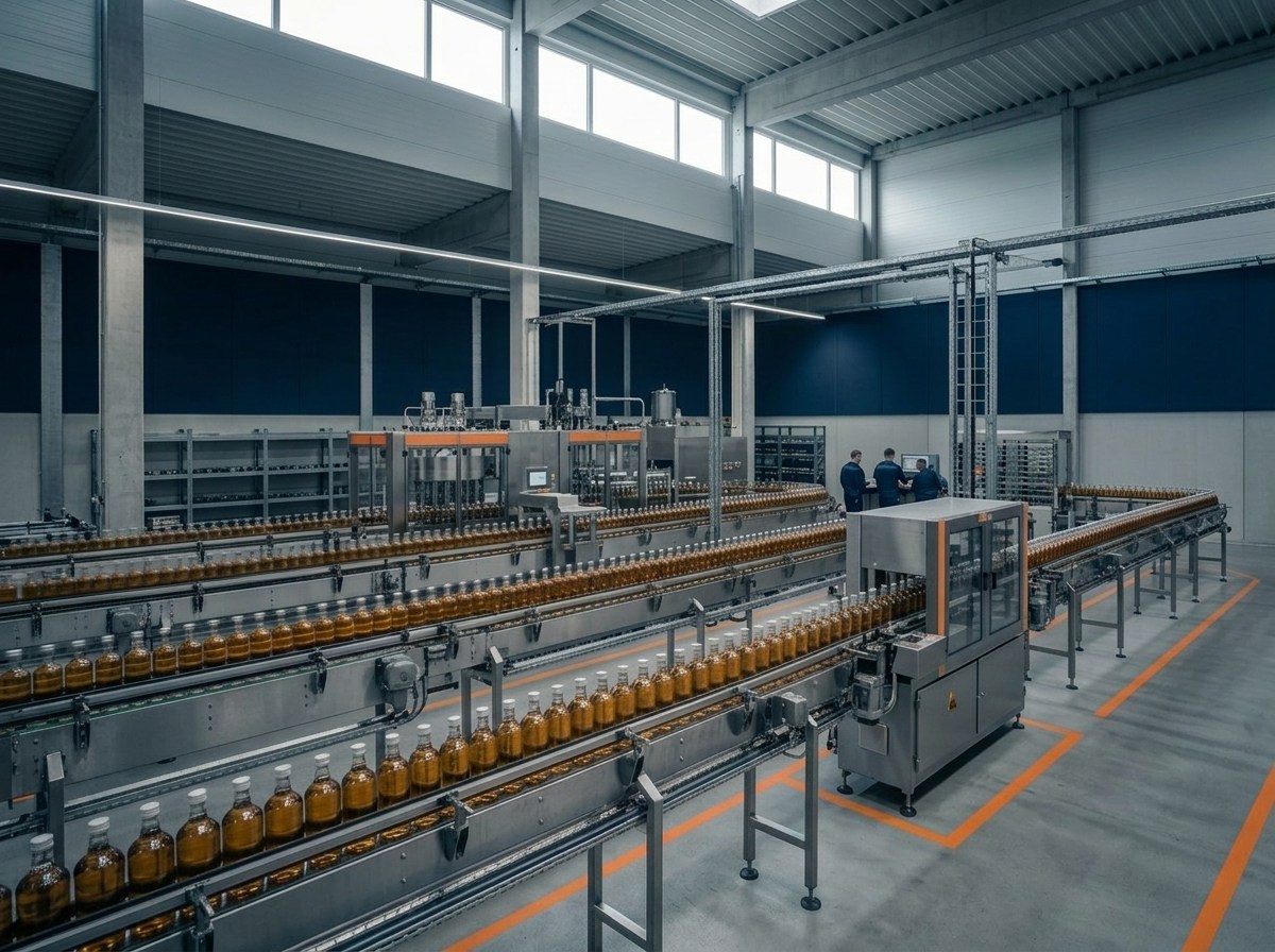 Abfüll- und Verpackungslinie von oben: Braunglasflaschen laufen über mehrere parallele Transporteure, im Hintergrund das Bedienpersonal am Leitpult.