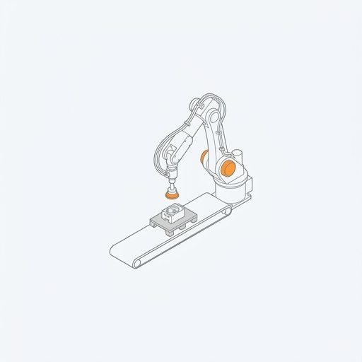 Isometrische Strichzeichnung: ein Roboterarm setzt mit Sauggreifer ein Teil auf das Werkstück.