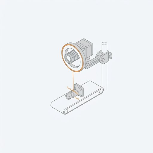 Isometrische Strichzeichnung: eine Kamera mit Ringlicht prüft das Werkstück von oben.