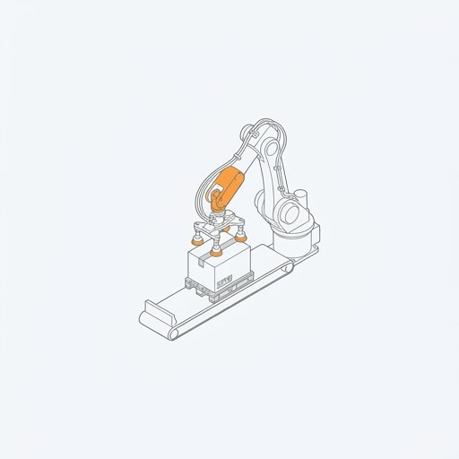 Isometrische Strichzeichnung: ein Roboterarm setzt das fertige Werkstück in einen Transportträger.
