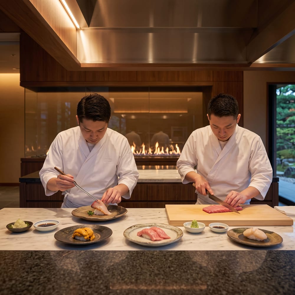 Two chefs at the counter, one shaping a piece of nigiri, one slicing tuna