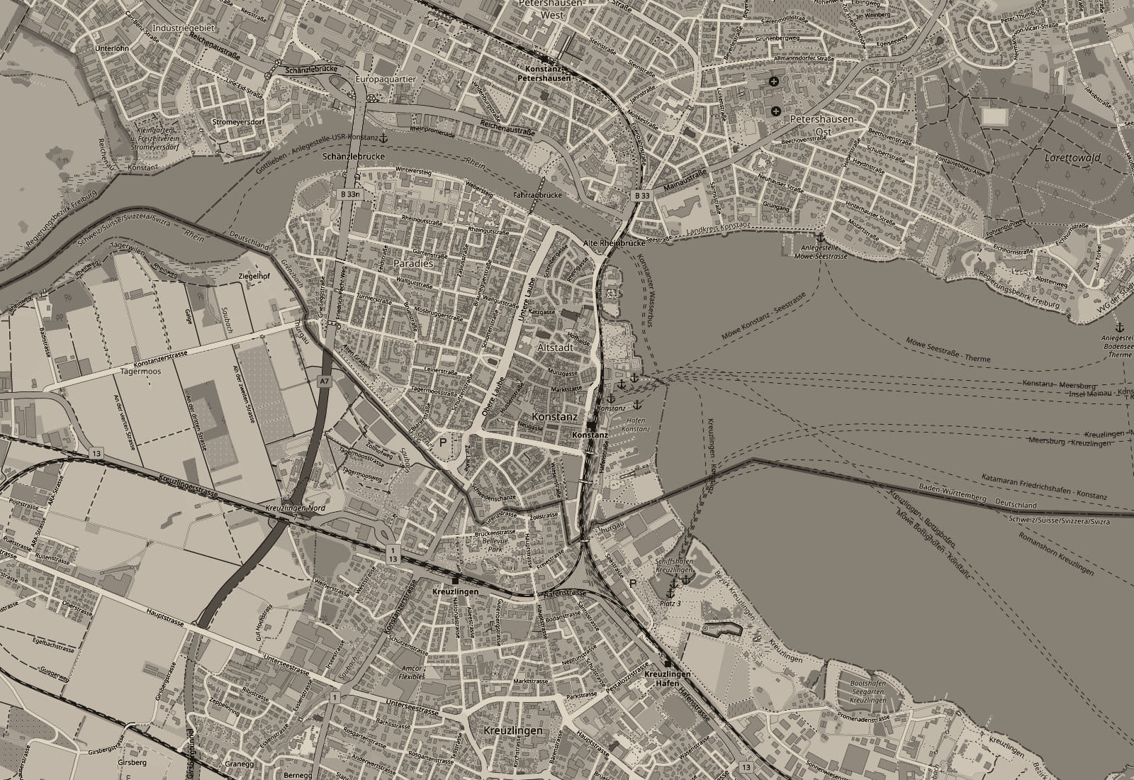 Map of Konstanz, showing the old town between the lake and the Rhine