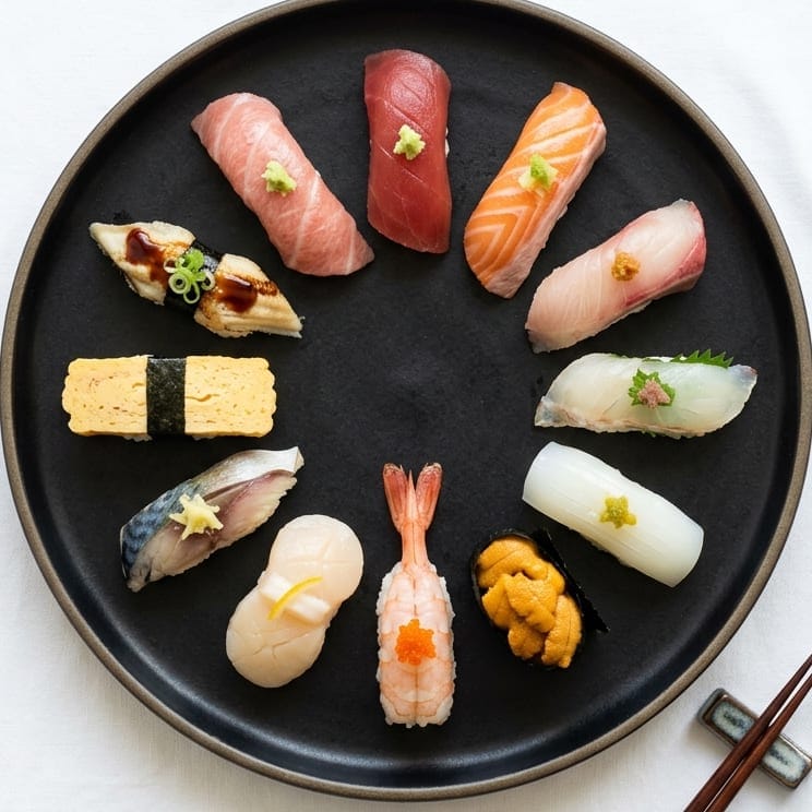 Twelve nigiri arranged in a ring on a black plate, chopsticks and pickled ginger beside it