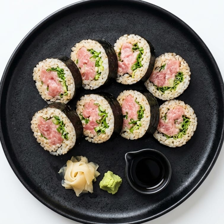 Eight pieces of negitoro maki on a black plate, with ginger, wasabi and soy