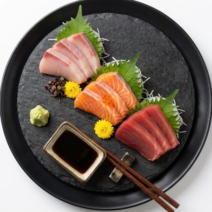 Three cuts of sashimi on a slate over a black plate, with wasabi, soy and chopsticks
