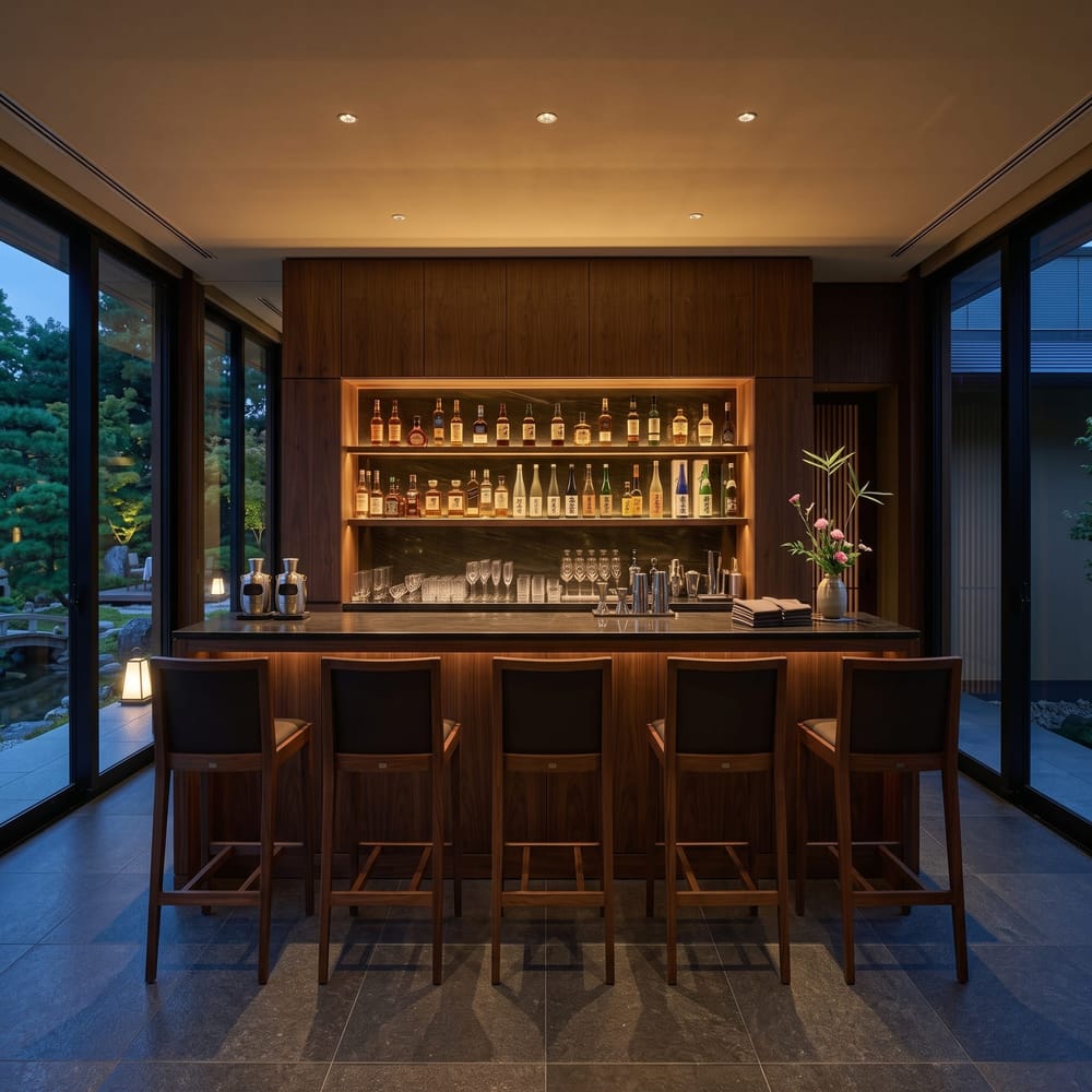 The bar at dusk: stools along a dark stone counter, backlit shelves of whisky and sake behind it, and the garden through glass on both sides