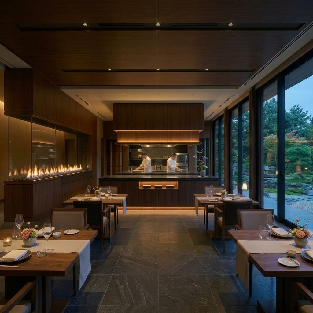 The dining room at dusk: set tables, a long fire along one wall, an open kitchen at the far end, and the garden through a wall of glass