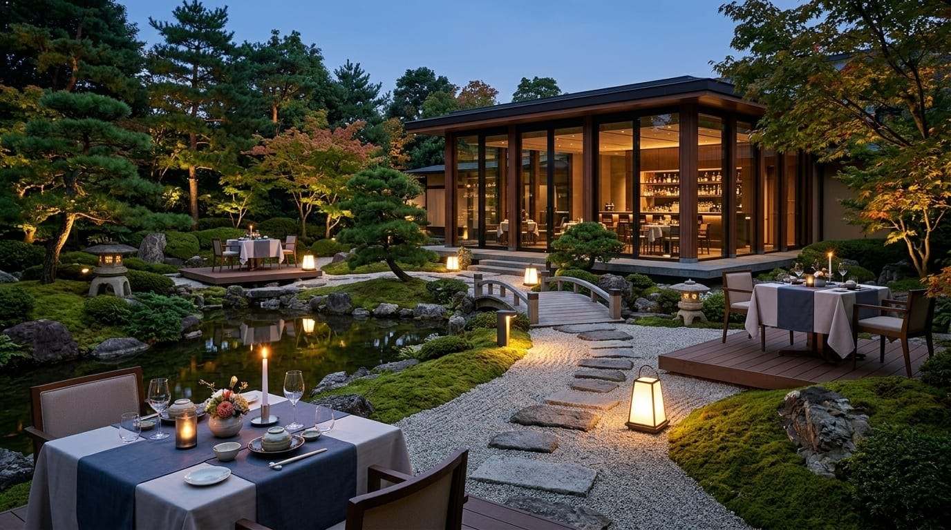 Tables set on timber decks around a lantern-lit pond, with stepping stones and a small bridge, the dining room glowing beyond